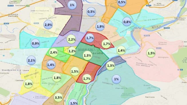 Cartina quartieri Torino con bolle valori percentuali 2022